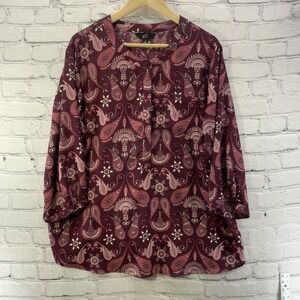 GNW Plus Blouse Womens Sz 2XL Pink Rose Long Sleeve Paisley